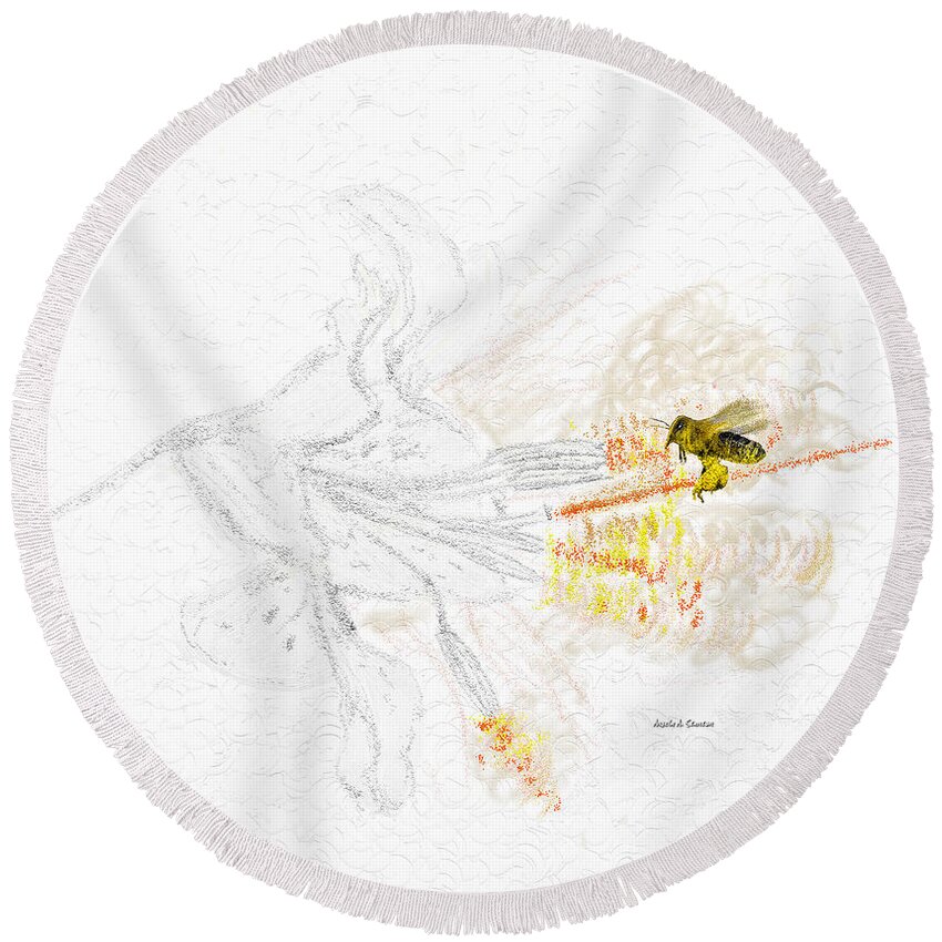 Stargazer Lily Heavenly Scent And The Bee Round Beach Towel featuring the painting Stargazer Lily Heavenly Scent and the Bee by Angela Stanton