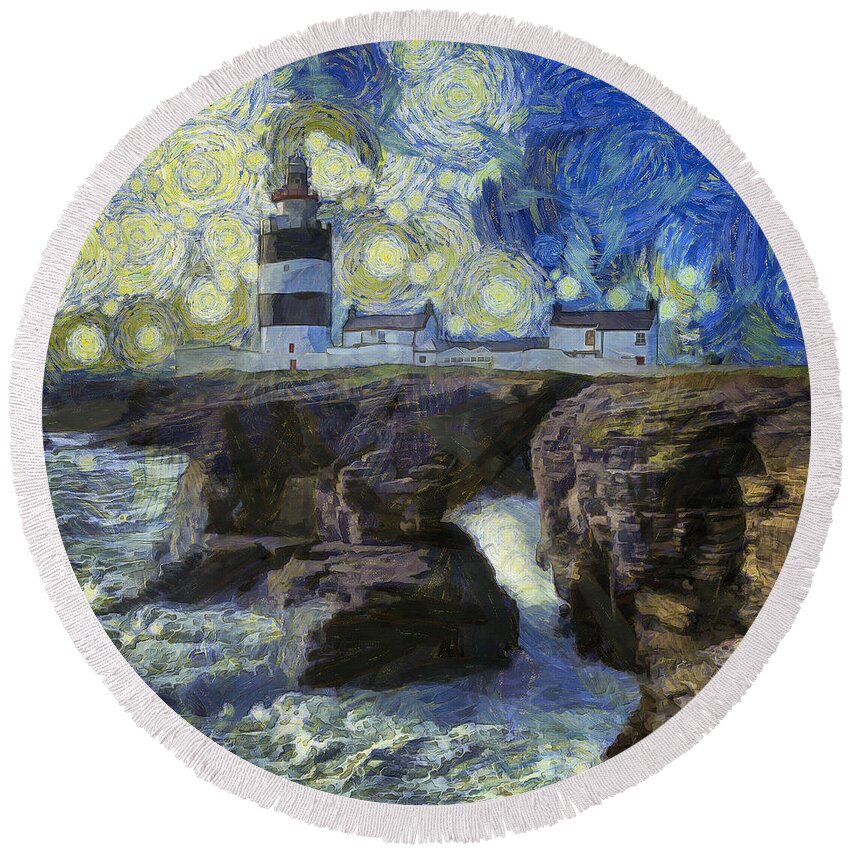 Hook Round Beach Towel featuring the photograph Starry Hook Head Lighthouse by Nigel R Bell