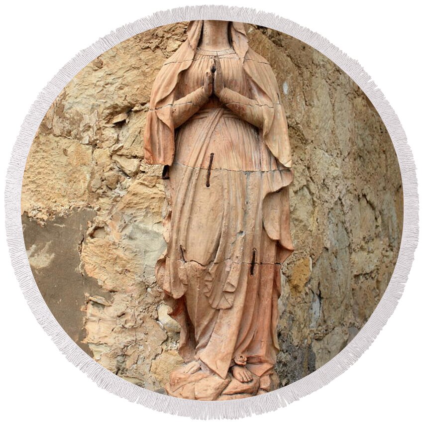 Mother Mary Round Beach Towel featuring the photograph Statue of Mary in Mission Garden by Carol Groenen
