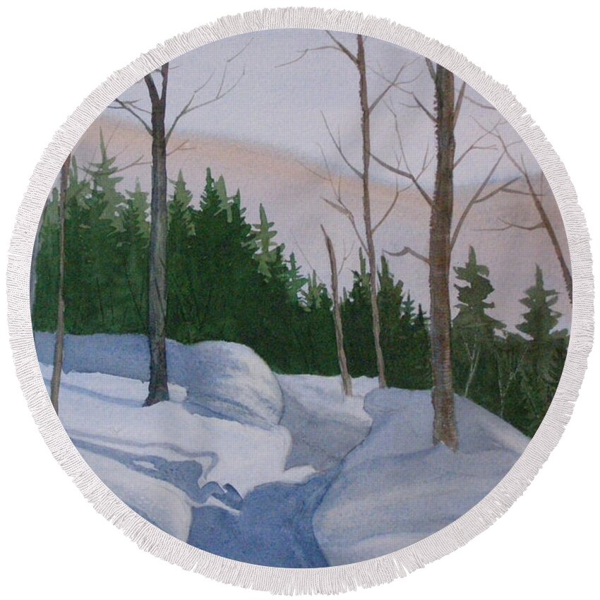 Snow Scene Round Beach Towel featuring the painting Stay On The Path by Lynn Quinn