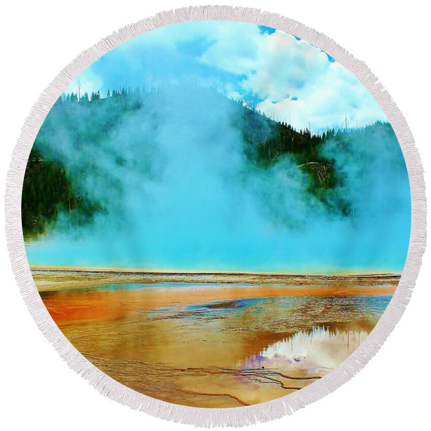 Yellowstone National Park Round Beach Towel featuring the photograph Steam Rising Up by Catie Canetti