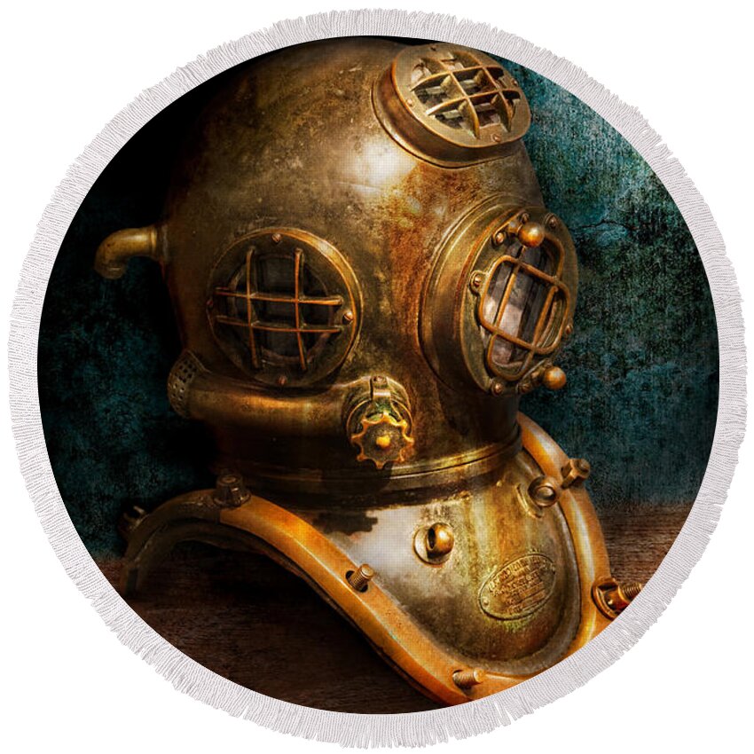 Hdr Round Beach Towel featuring the photograph Steampunk - Diving - The diving helmet by Mike Savad