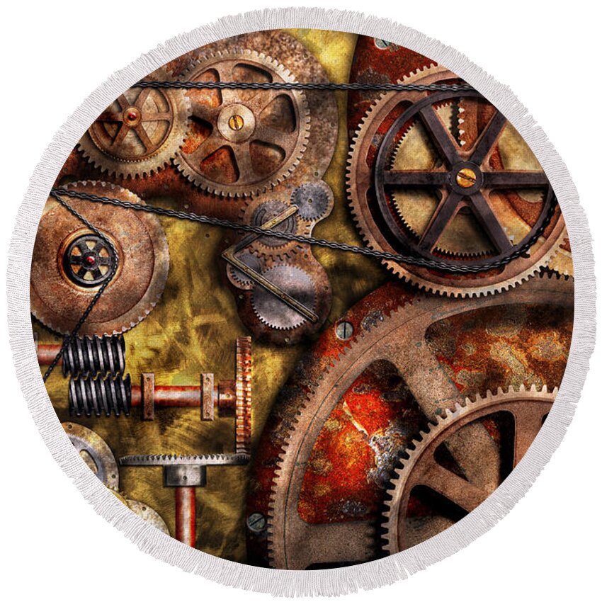 Steampunk Round Beach Towel featuring the photograph Steampunk - Gears - Inner Workings by Mike Savad