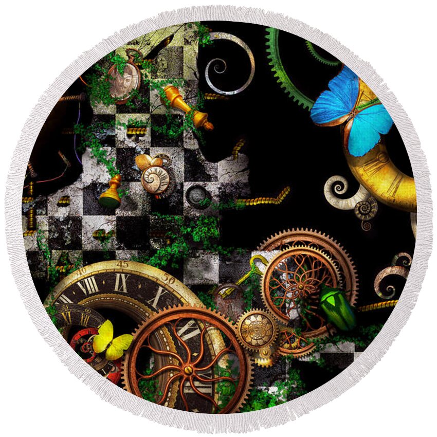 Self Round Beach Towel featuring the digital art Steampunk - Surreal - Mind games by Mike Savad