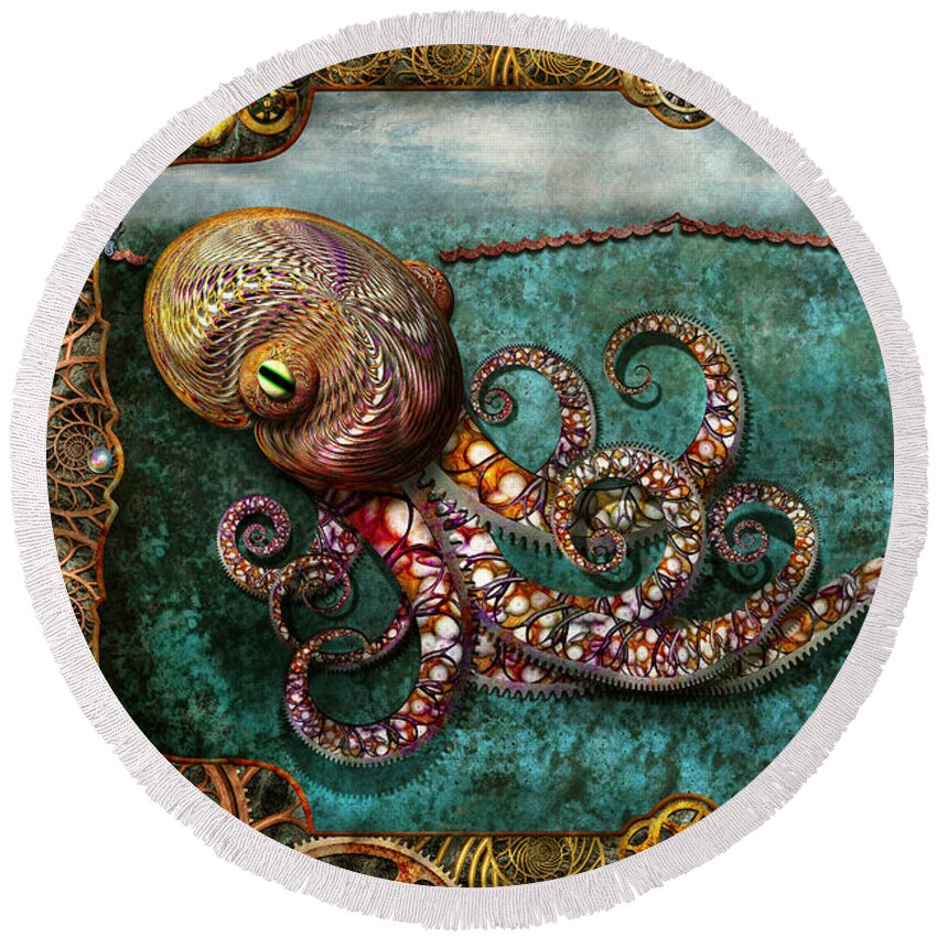 Self Round Beach Towel featuring the digital art Steampunk - The tale of the Kraken by Mike Savad