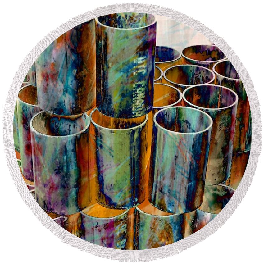 Pipes Round Beach Towel featuring the photograph Steel Pipes by Lilliana Mendez