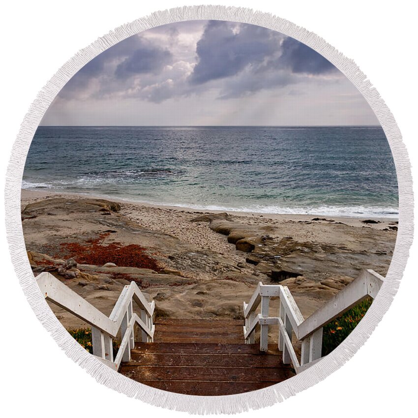 Beach Round Beach Towel featuring the photograph Steps and Pelicans by Peter Tellone
