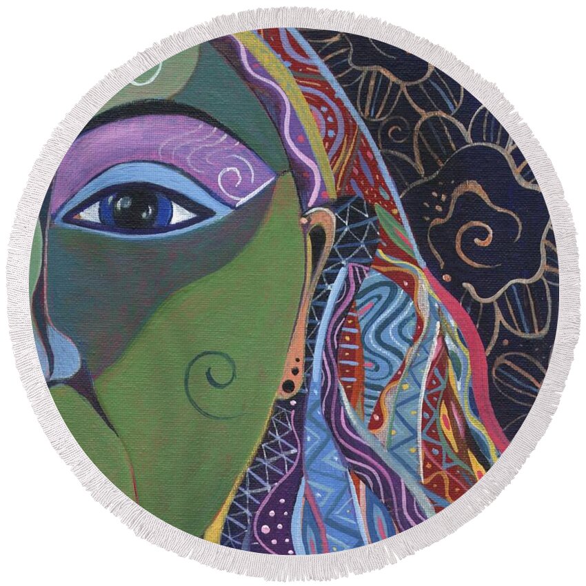 Woman Round Beach Towel featuring the painting Still A Mystery 5 by Helena Tiainen