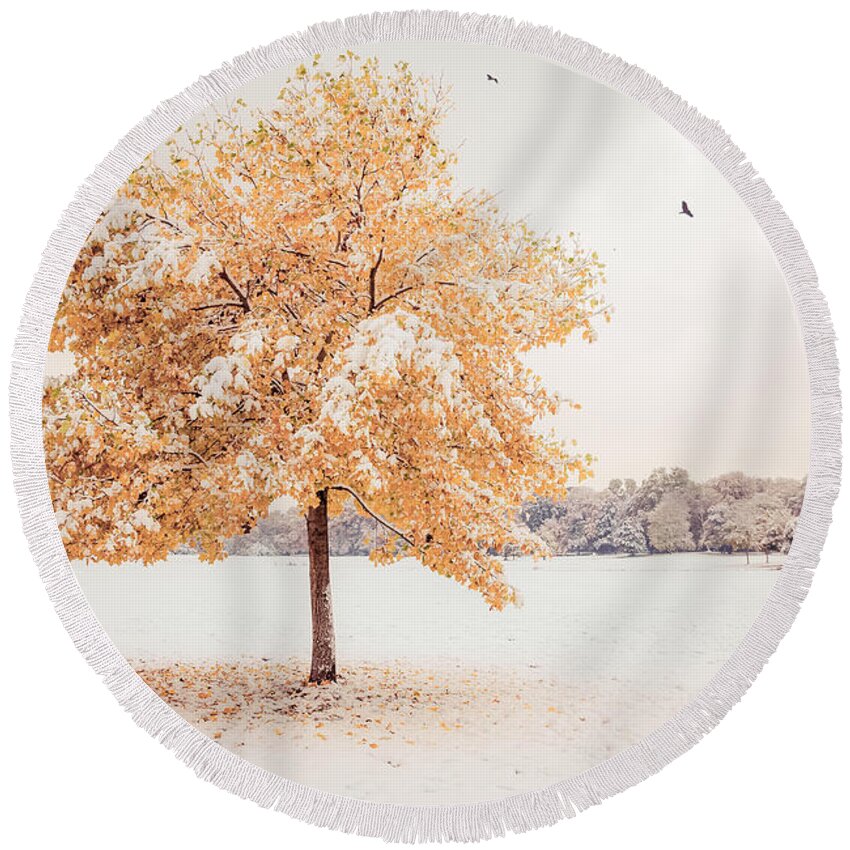 Autumn Round Beach Towel featuring the photograph Still Dressed In Fall by Hannes Cmarits