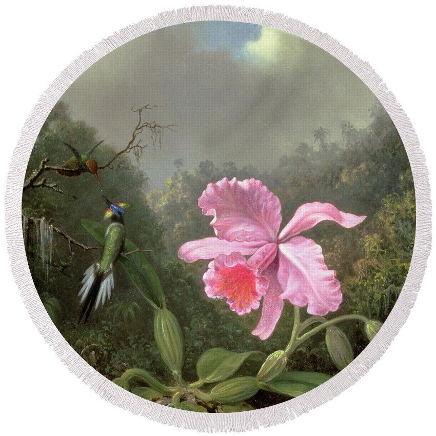 Heade Round Beach Towel featuring the painting Still Life with an Orchid and a Pair of Hummingbirds by Martin Johnson Heade