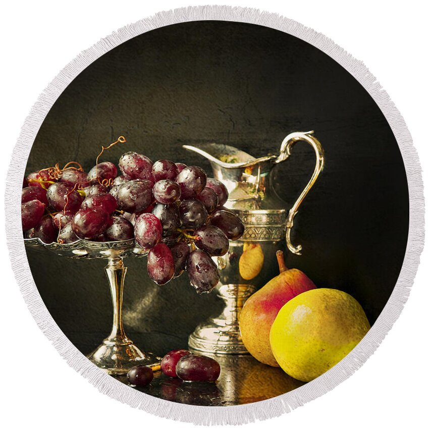 Chiaroscuro Round Beach Towel featuring the photograph Still Life With Fruit by Theresa Tahara
