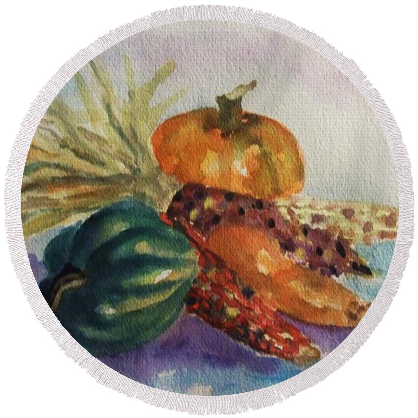 Still Life Round Beach Towel featuring the painting Still Life with Indian Corn by Ellen Levinson