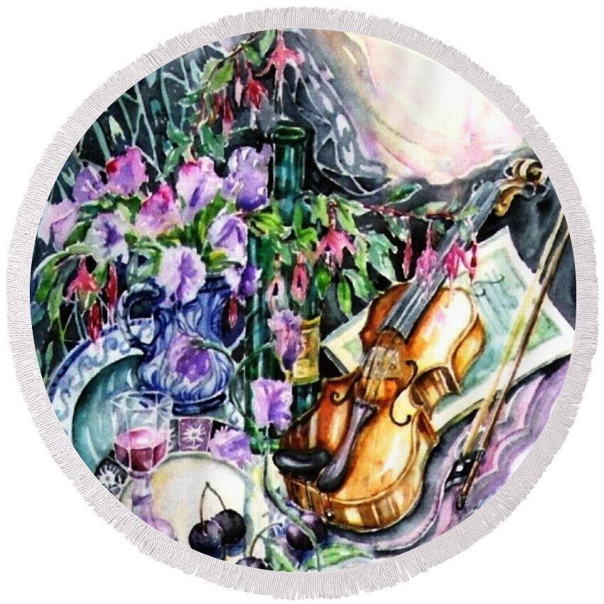 Still Life Round Beach Towel featuring the painting Still Life with Violin Sweet Pea and Cherries by Trudi Doyle
