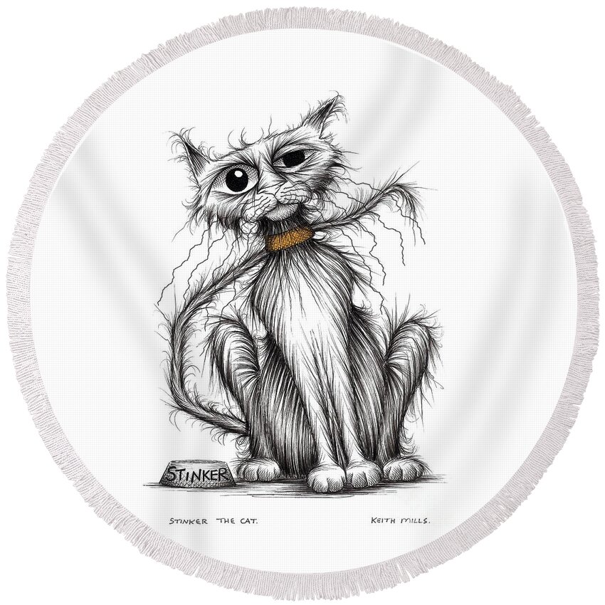 Smelly Cat Round Beach Towel featuring the drawing Stinker the cat by Keith Mills