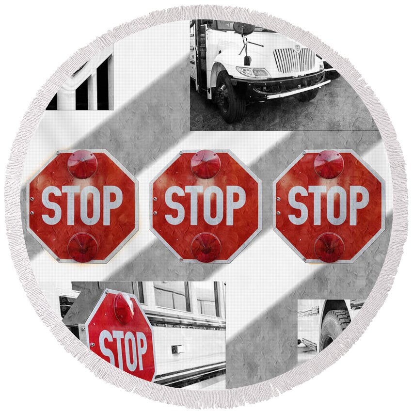  Bus Round Beach Towel featuring the photograph Stop For Students Painterly BW Red Signs by Andee Design
