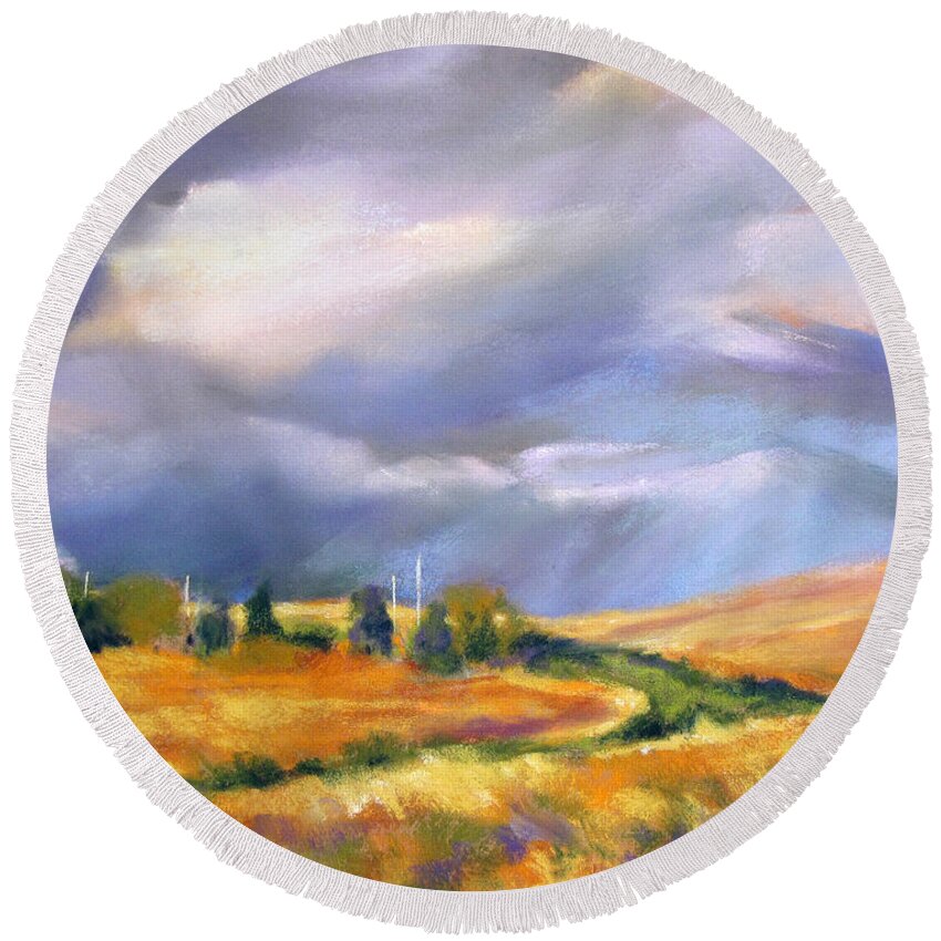 Sky Round Beach Towel featuring the painting Storm Colors by Rae Andrews