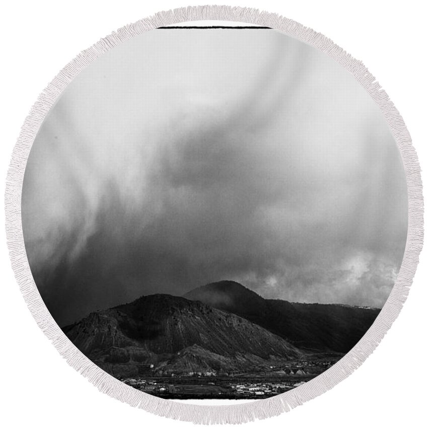 Film Noir Round Beach Towel featuring the photograph Storm Over Mt Paul by Theresa Tahara