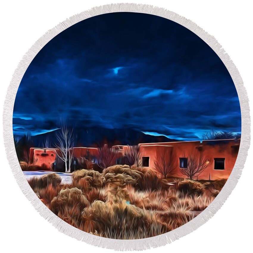 December Round Beach Towel featuring the photograph Storm over Taos LX - homage OKeeffe by Charles Muhle