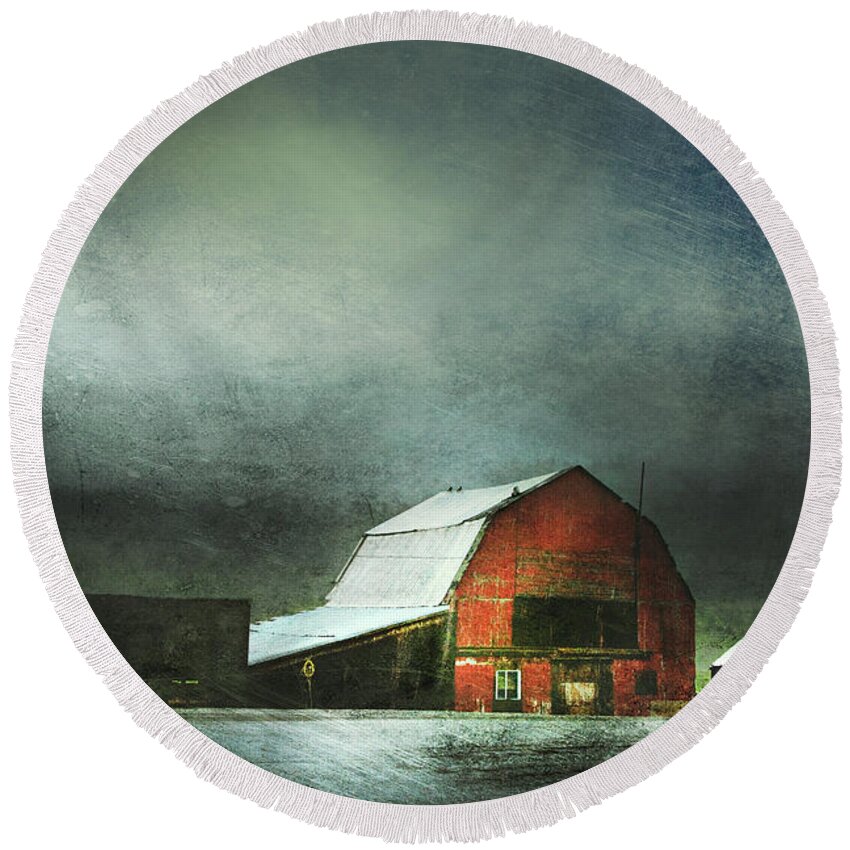 Red Barn Round Beach Towel featuring the photograph Storm by Theresa Tahara