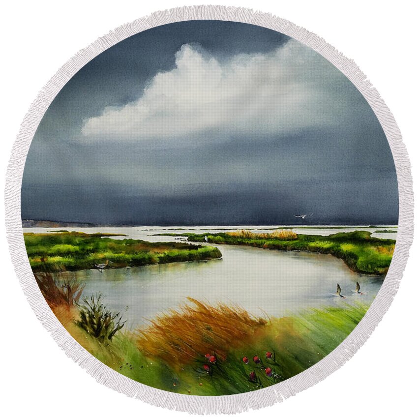 Marsh Round Beach Towel featuring the painting Storm Watch by Phyllis London