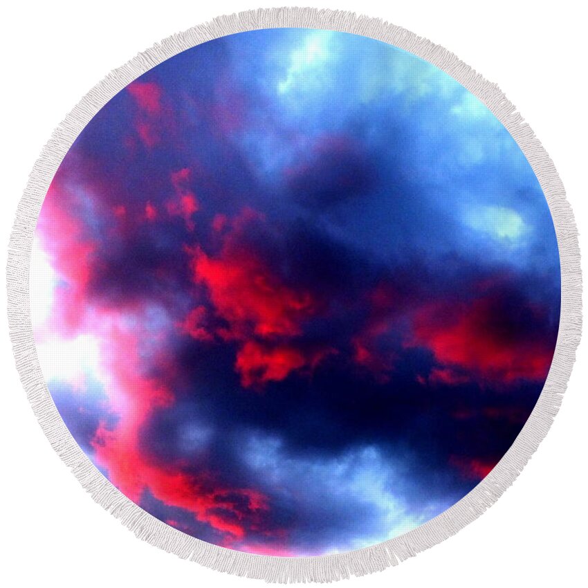 Cloud Sky Sunset Nature Light Red Blue Cloudscape Round Beach Towel featuring the photograph Stormy monday blues by Guy Pettingell