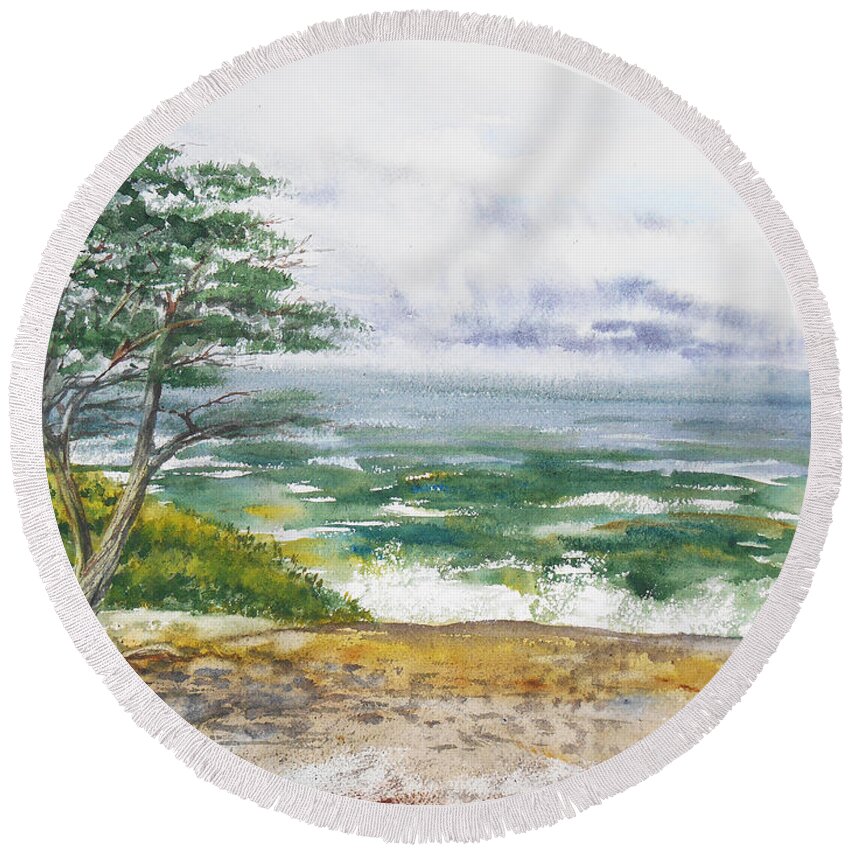 Seascape Round Beach Towel featuring the painting Stormy Morning At Carmel By The Sea California by Irina Sztukowski