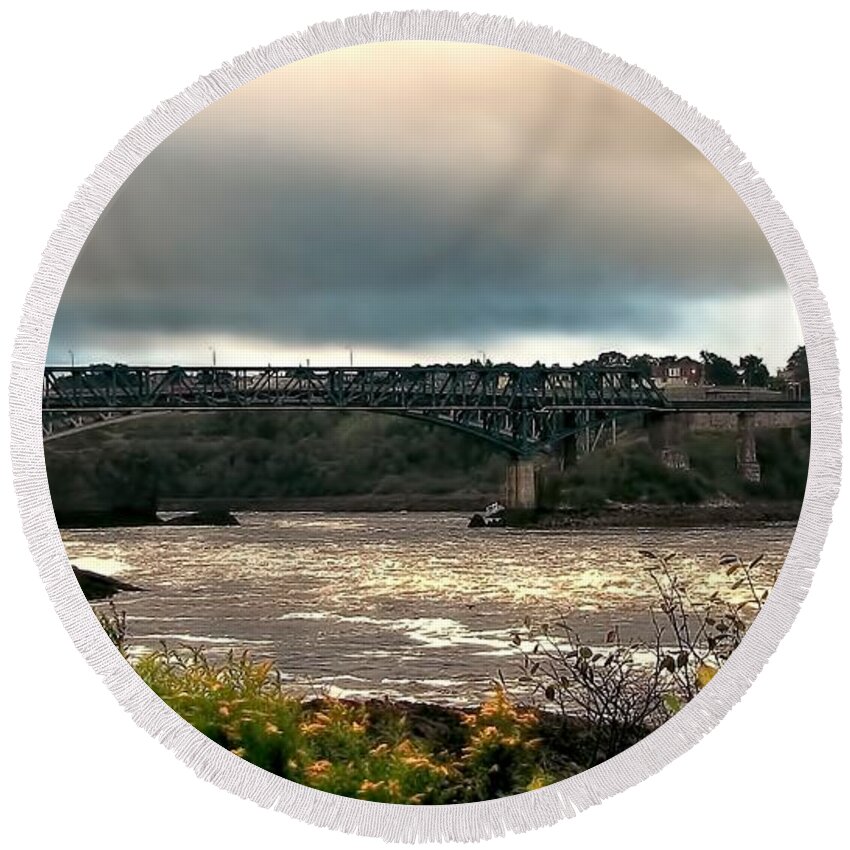 Bridge Round Beach Towel featuring the photograph Stormy Morning by Jennifer Wheatley Wolf