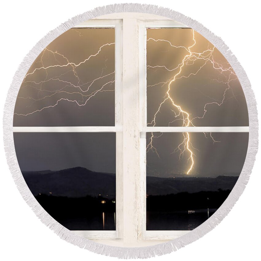 Lightning Round Beach Towel featuring the photograph Stormy Night Window View by James BO Insogna