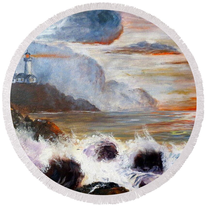 Ocean Painting Round Beach Towel featuring the painting Stormy Sunset by Lee Piper