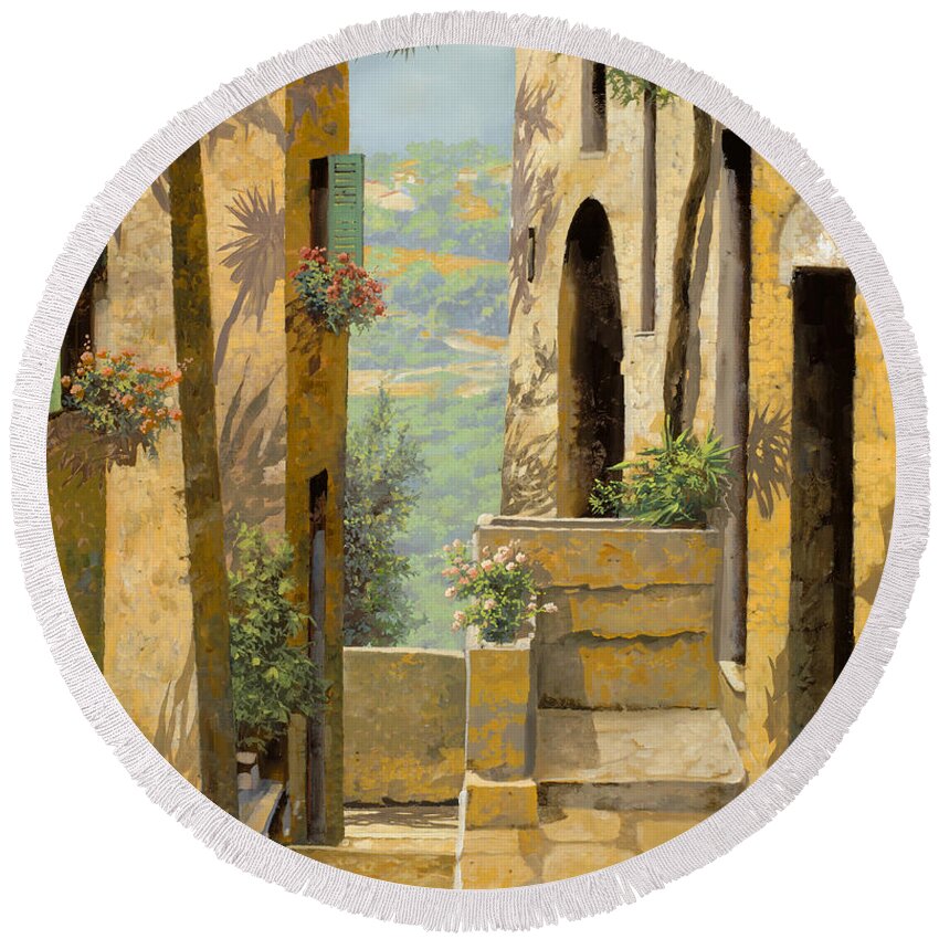 Landscape Round Beach Towel featuring the painting stradina a St Paul de Vence by Guido Borelli