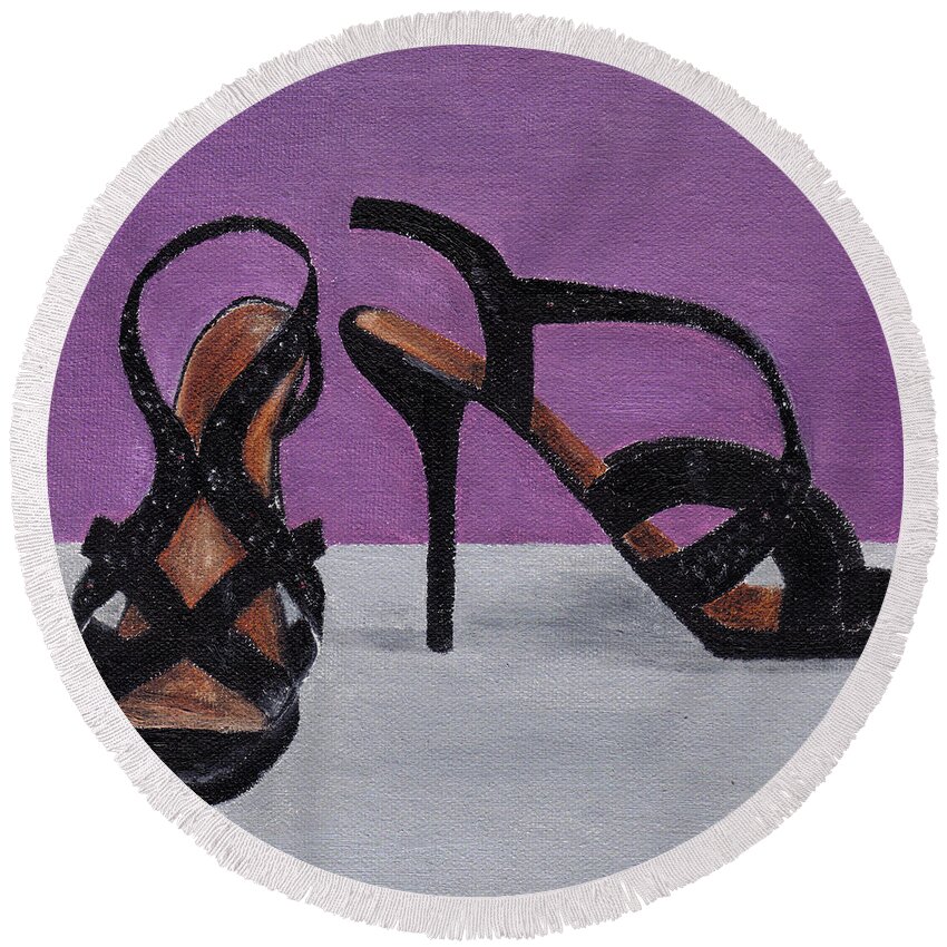 Strappy Round Beach Towel featuring the painting Strappy Black Heels for Maddy by Laurel Best