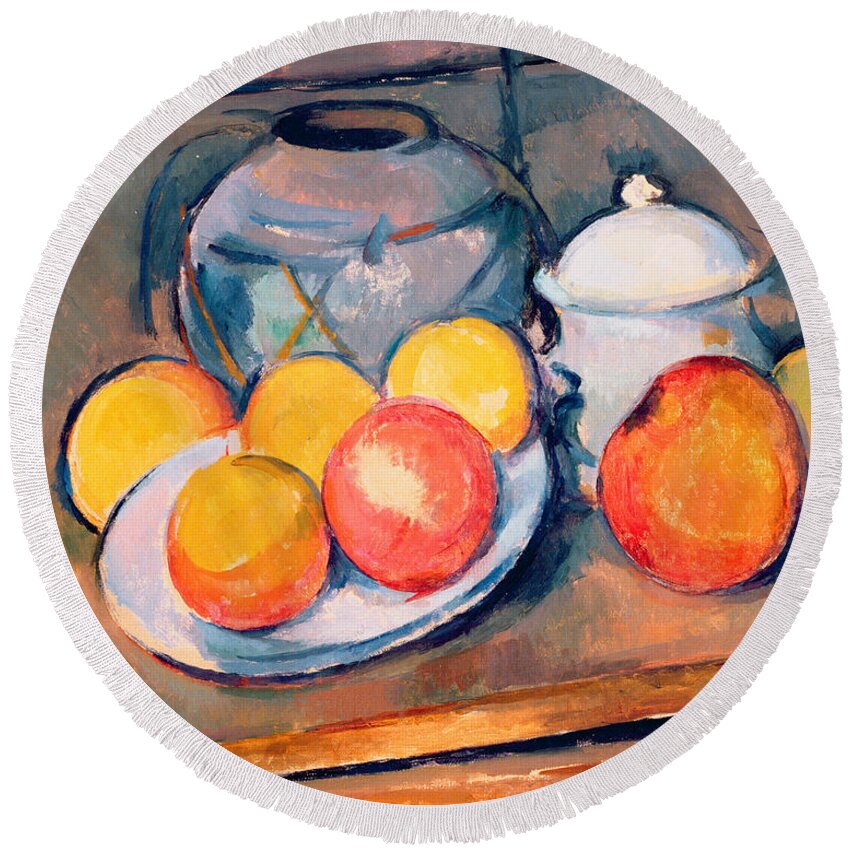 Still Life Round Beach Towel featuring the painting Straw Covered Vase Sugar Bowl and Apples by Paul Cezanne