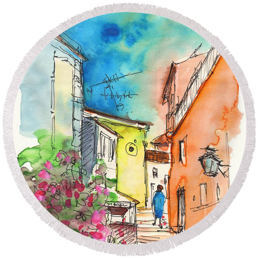 Portugal Round Beach Towel featuring the painting Street in Sintra 01 by Miki De Goodaboom