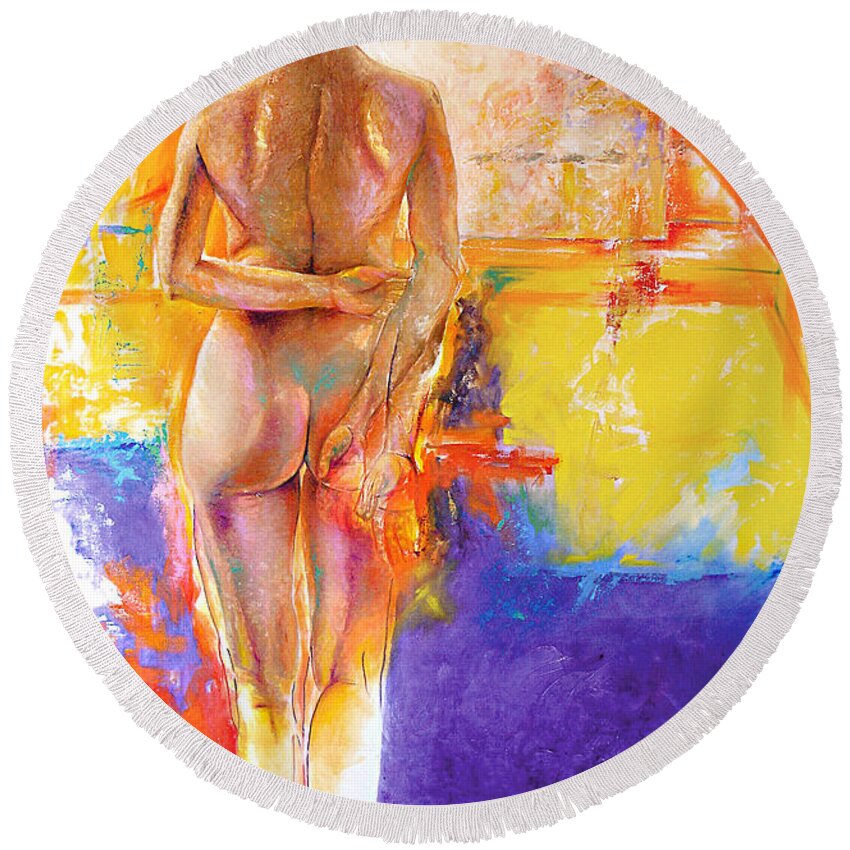 Nude Round Beach Towel featuring the painting Studio by Karina Llergo