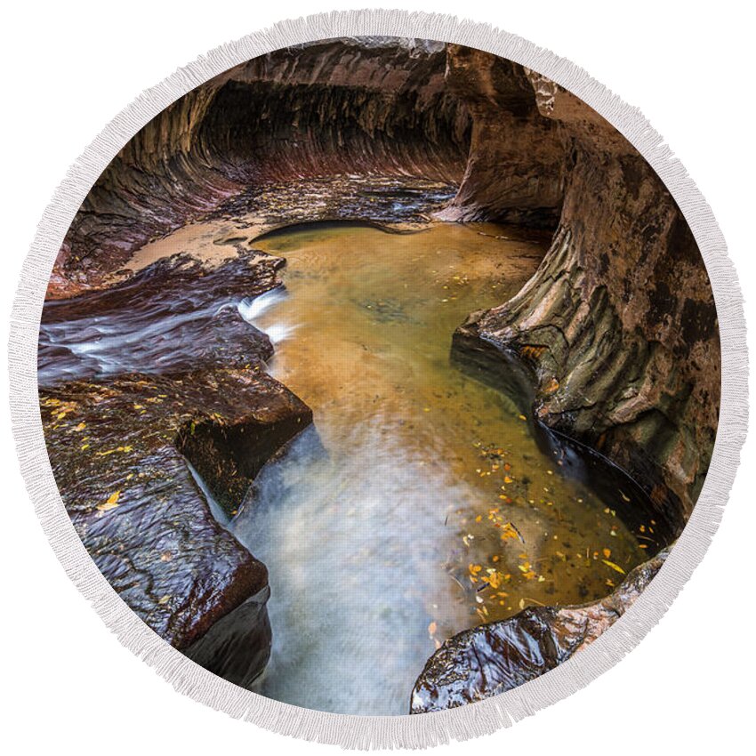 Subway Round Beach Towel featuring the photograph Subway slot canyon in Zion Utah by Pierre Leclerc Photography