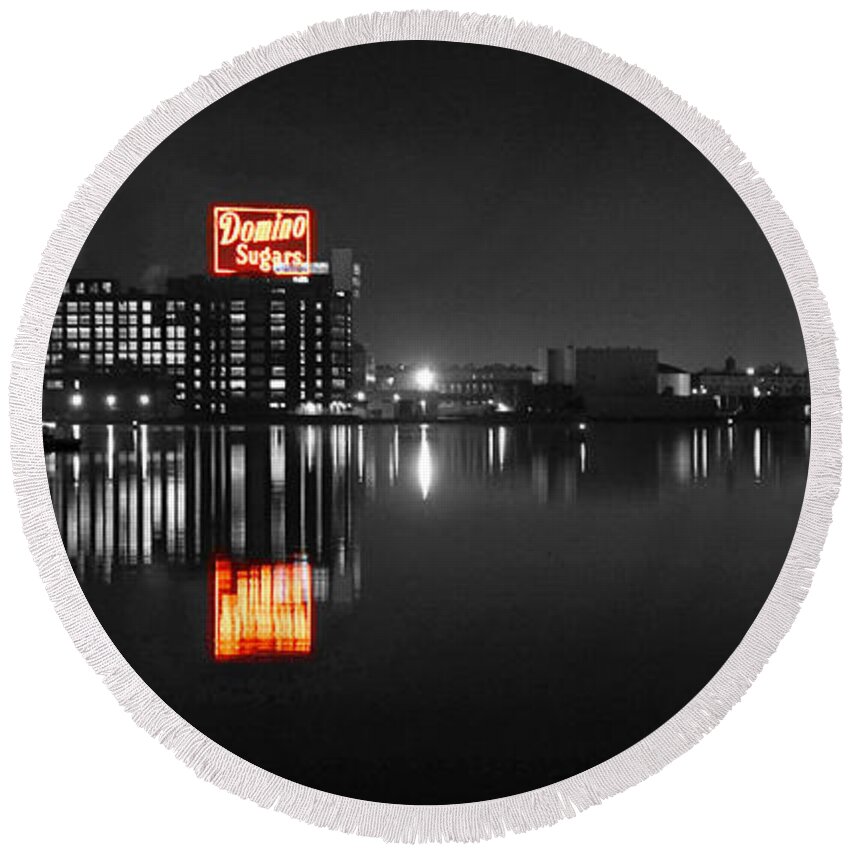 Baltimore Round Beach Towel featuring the photograph Sugar Glow - Classic Iconic Domino Sugars Neon Sign, Inner Harbor Baltimore, Maryland - Color Splash by Billy Beck