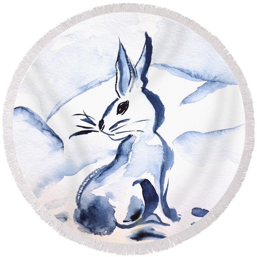 Sumi-e Snow Bunny Round Beach Towel featuring the painting Sumi-e Snow Bunny by Beverley Harper Tinsley