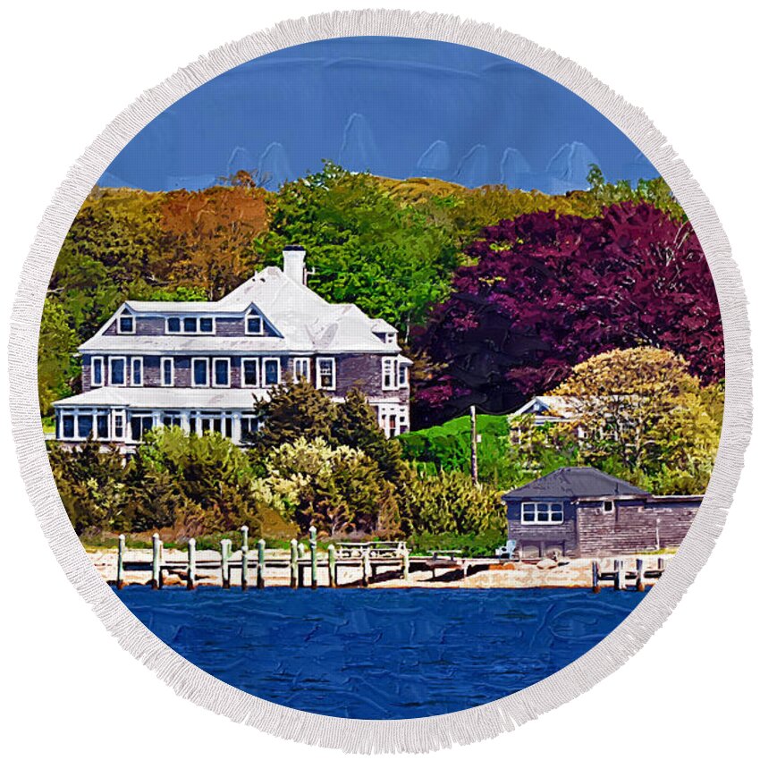 New England; Beach; Coastal; Shoreline; Summer Homes; Houses; Docks; Sea; Ocean; Marthas Vineyard; Trees; Nature; Natural; Kirt Tisdale Round Beach Towel featuring the painting Summer at the Shore by Kirt Tisdale