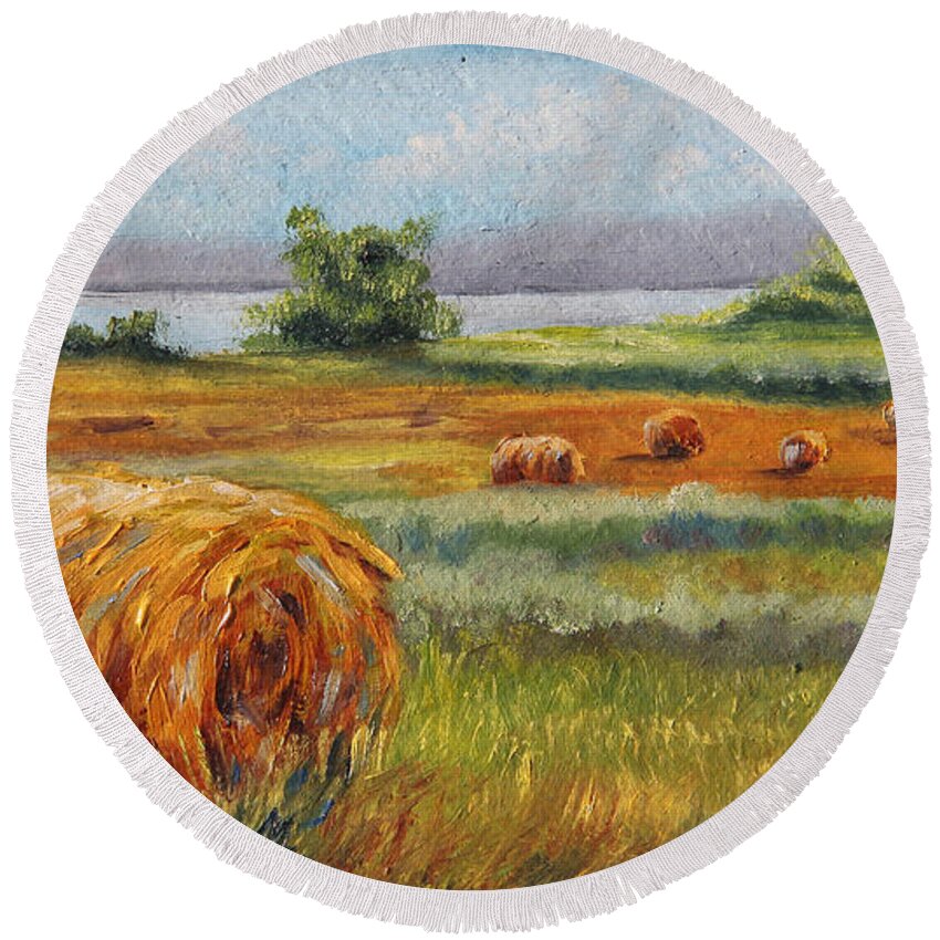 Summer Round Beach Towel featuring the painting Summer Bales by Meaghan Troup