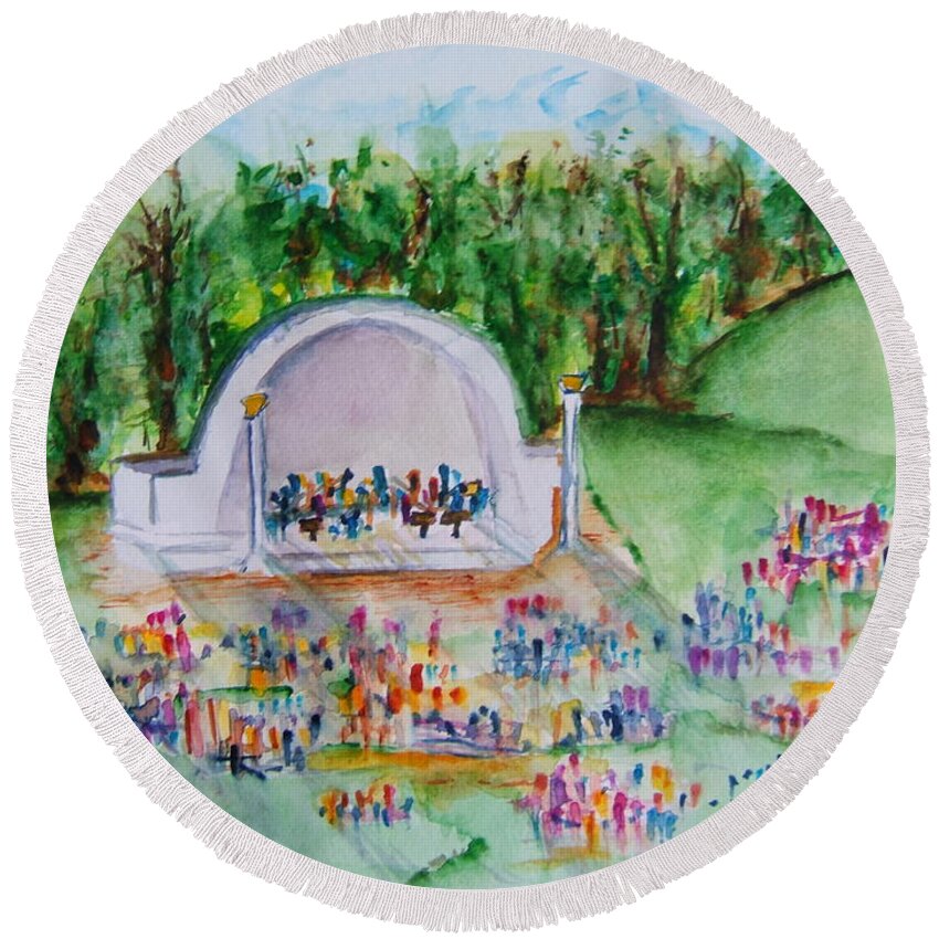 Devou Park Round Beach Towel featuring the painting Summer Concert in the Park by Elaine Duras