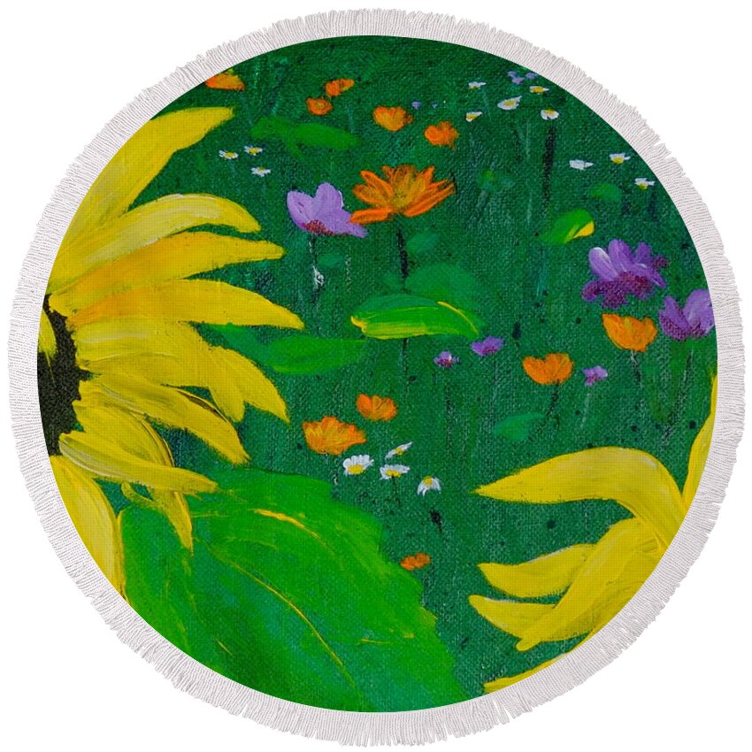Sunflower Painting Round Beach Towel featuring the painting Summer Dance by Cheryl Nancy Ann Gordon