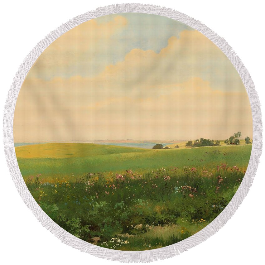 Carl Frederik Aagaard Round Beach Towel featuring the painting Summer landscape with rolling fields by Carl Frederik Aagaard