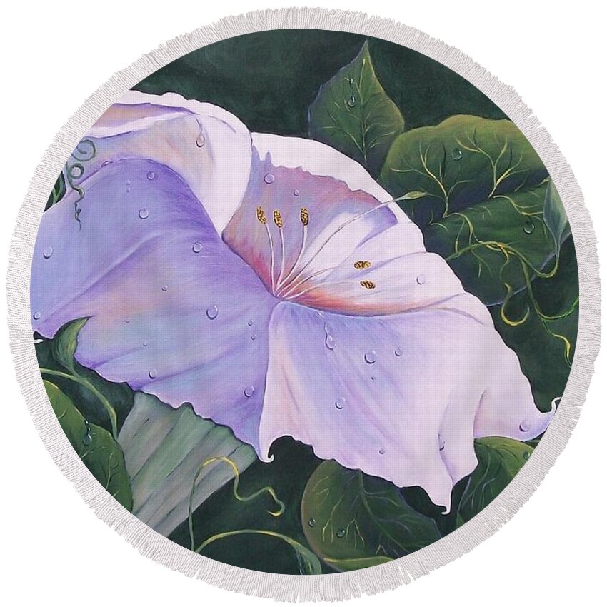  White Morning Glory Round Beach Towel featuring the painting Morning Glory by Sharon Duguay