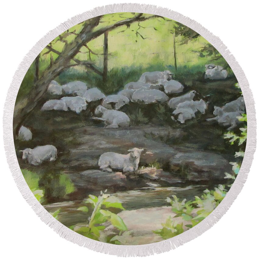 Landscape Round Beach Towel featuring the painting Summer Shade by Karen Ilari