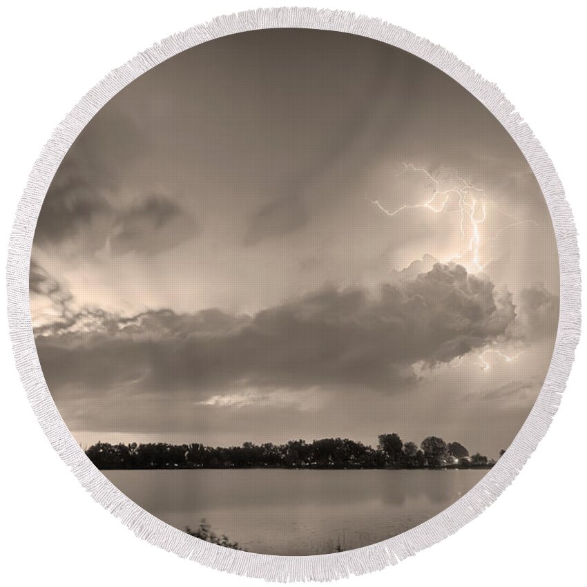 Lightning Round Beach Towel featuring the photograph Summer Storm in Black and White Sepia by James BO Insogna