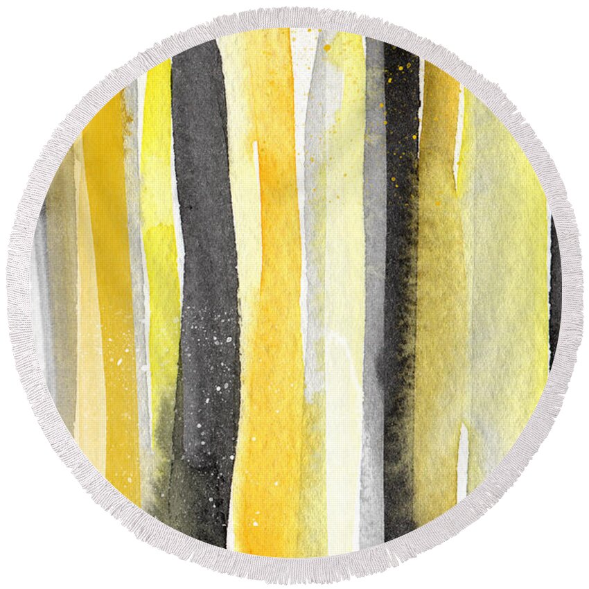 Abstract Yellow And Grey Painting Round Beach Towel featuring the painting Sun and Shadows- abstract painting by Linda Woods