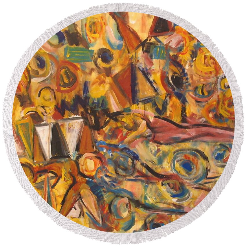 Land Scape Round Beach Towel featuring the painting Sun- Bathing Among Yellow Roses by Fereshteh Stoecklein