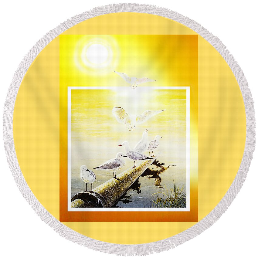 Birds Round Beach Towel featuring the painting Sun Birds by Hartmut Jager