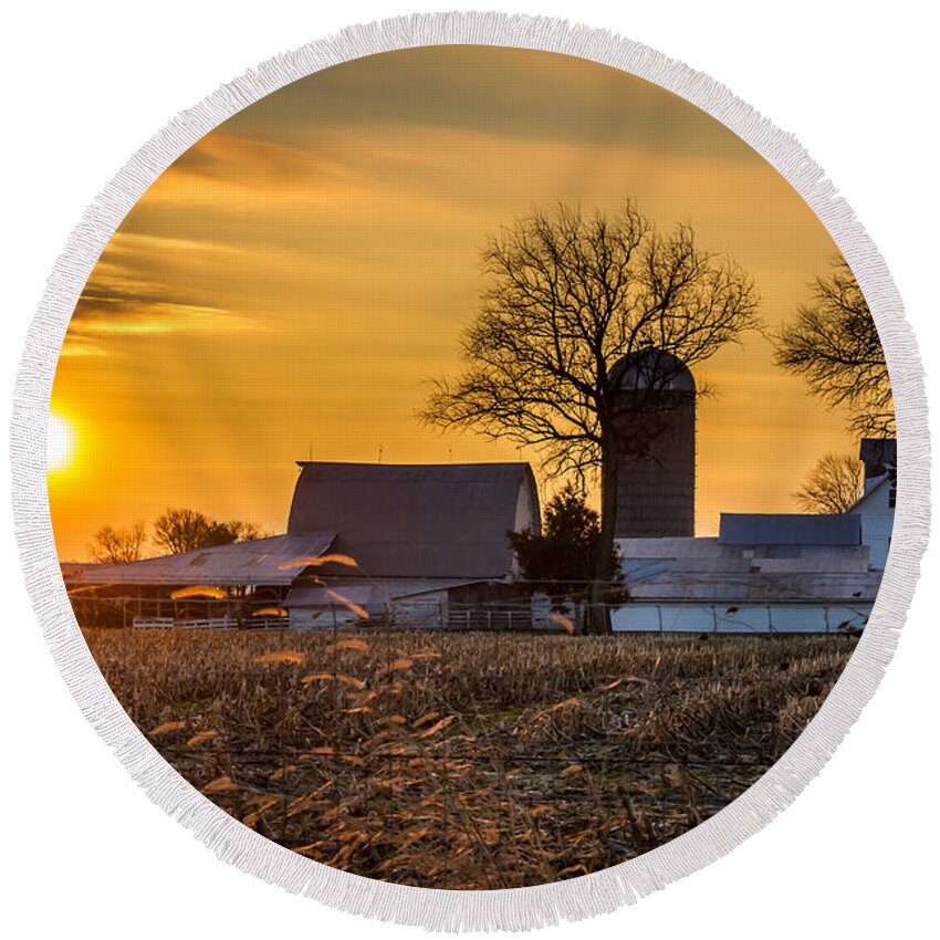 Barn Round Beach Towel featuring the photograph Sun Rise Over the Farm by Ron Pate