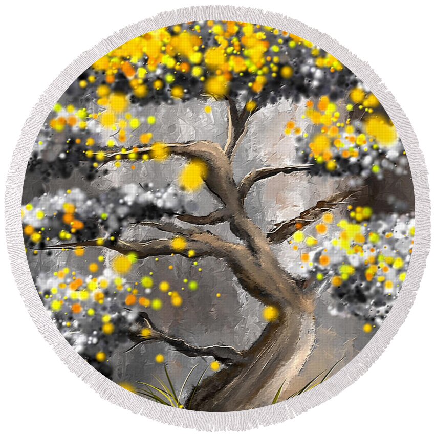 Yellow Round Beach Towel featuring the painting Sun Showers - Yellow And Gray Art by Lourry Legarde